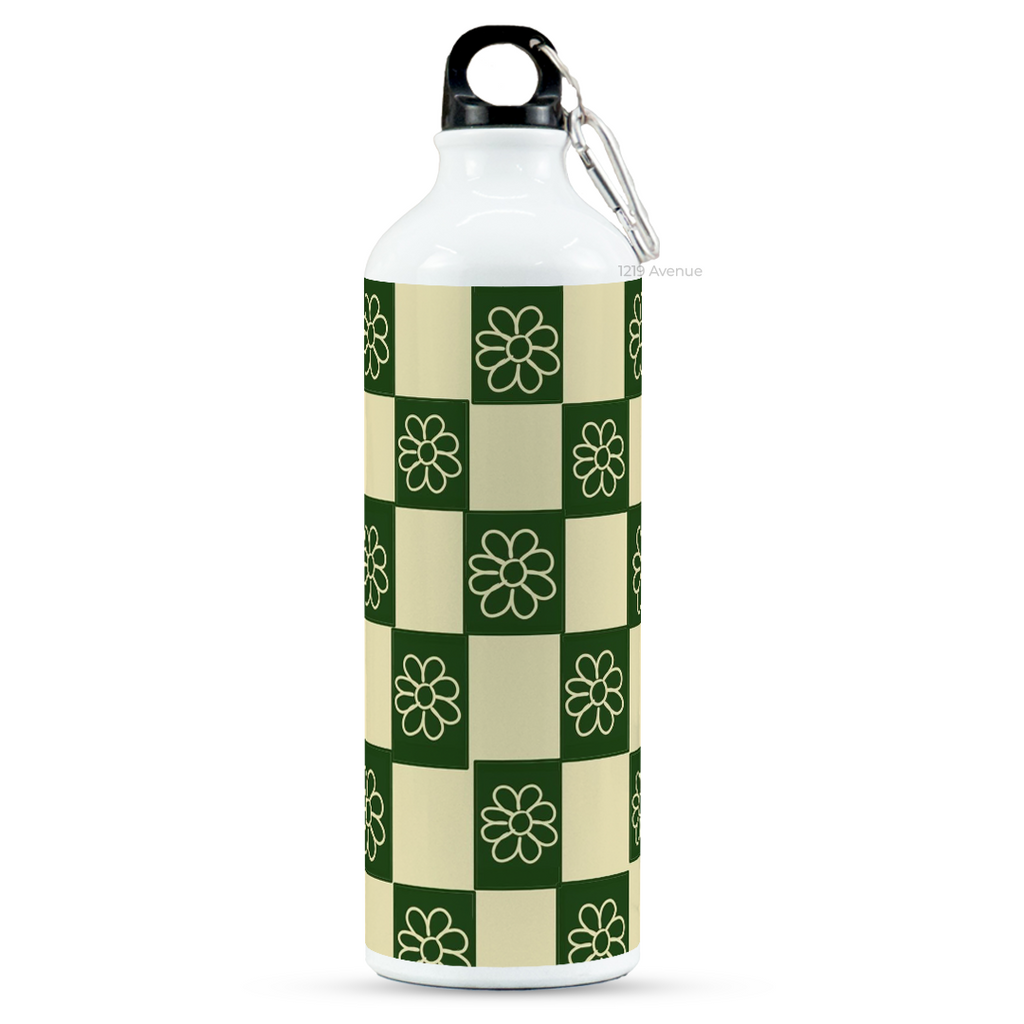 750ml Hooked-Up Water Bottle | Green Flower Checks Print | Leak Proof | Printed Bottle with Carry Hook, Durable & Stylish