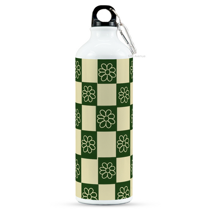 750ml Printed Hooked-Up Water Bottle | Green Flower Checks Print | For Kids, School, Sports | Sipper Bottle with Carry Hook, Durable & Stylish