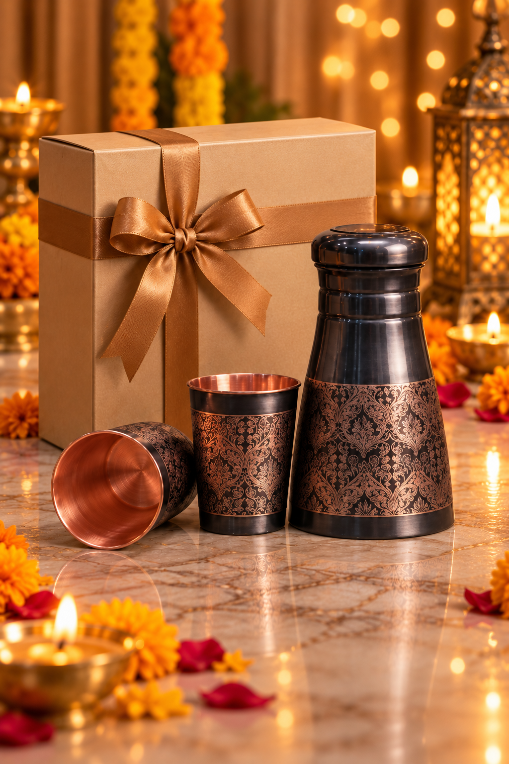 Aarish Copper Gift Set | 99%  Copper Water Bottle 1000ml with 2 Designer Copper Glasses 1219 Avenue