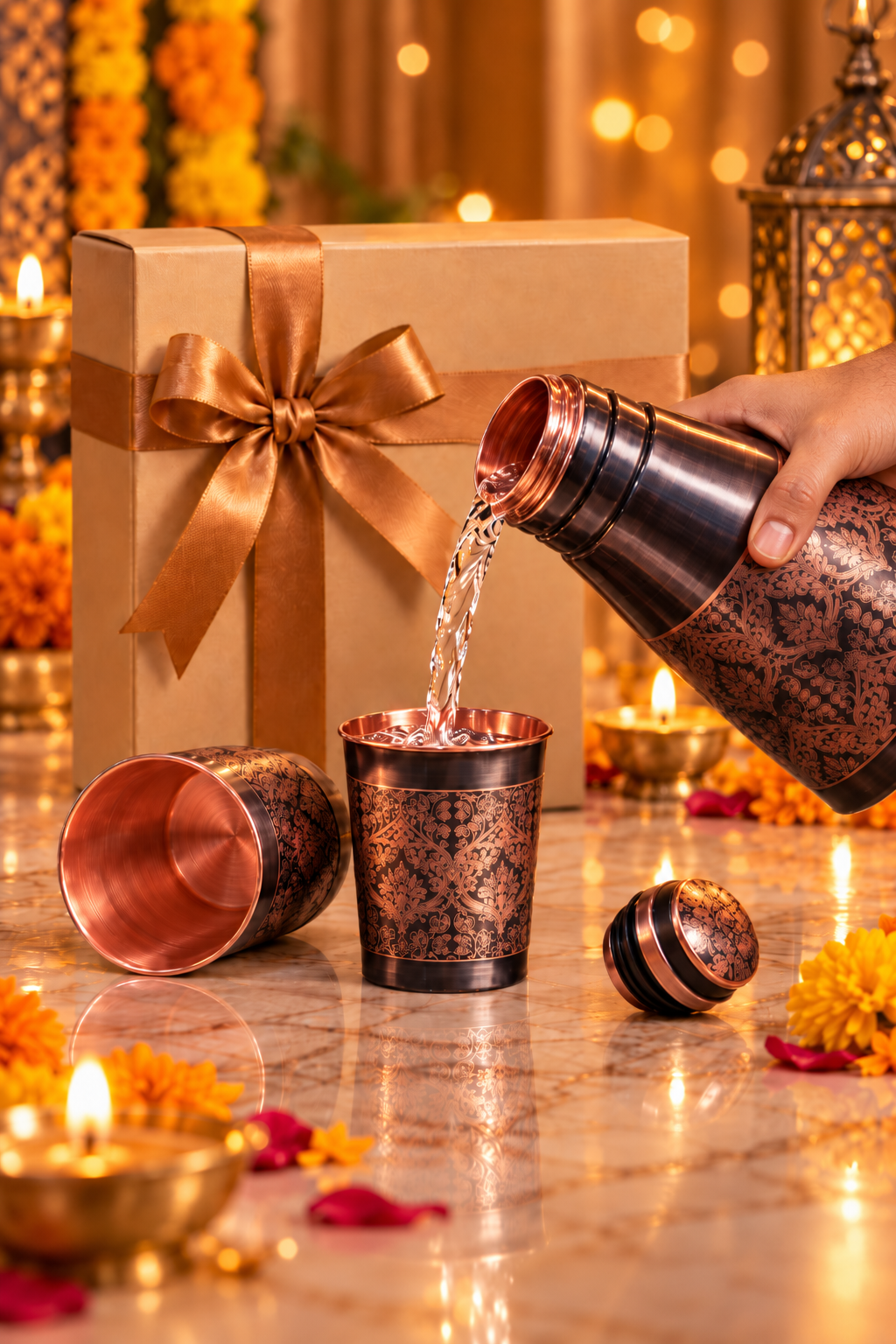 Aarish Copper Gift Set | 99%  Copper Water Bottle 1000ml with 2 Designer Copper Glasses 1219 Avenue