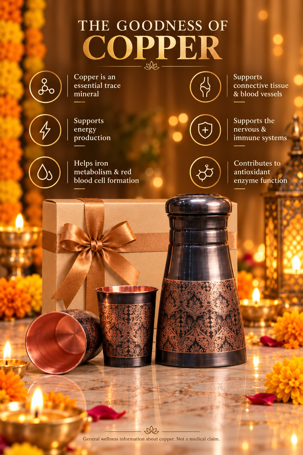 Aarish Copper Gift Set | 99%  Copper Water Bottle 1000ml with 2 Designer Copper Glasses 1219 Avenue