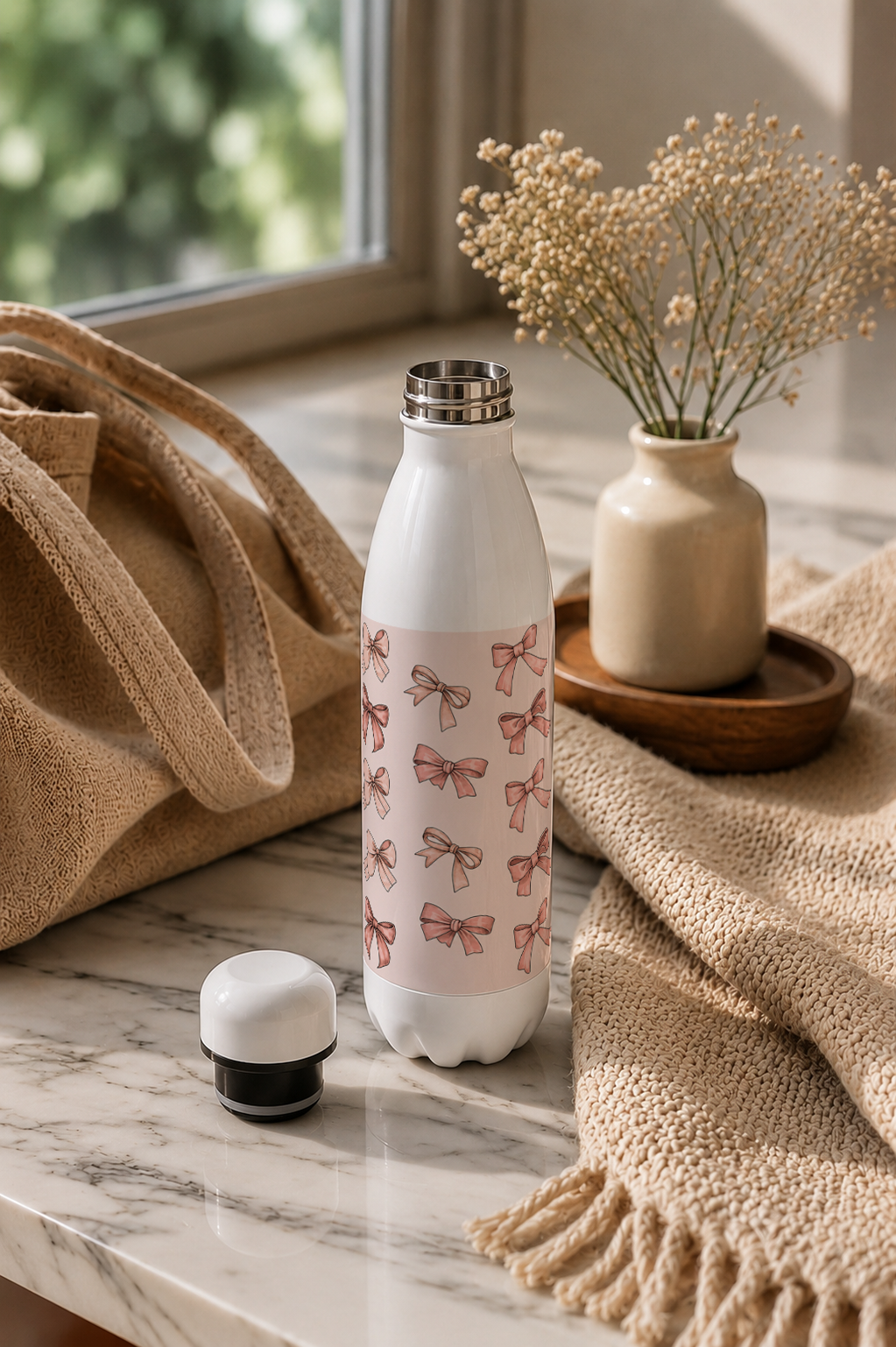 Aarkeo Double Walled Stainless Steel Water Bottle 550ml | Blush Ribbon Luxe Print | Insulated Leakproof Hot & Cold Bottle for Office, Gym & Travel 1219 Avenue