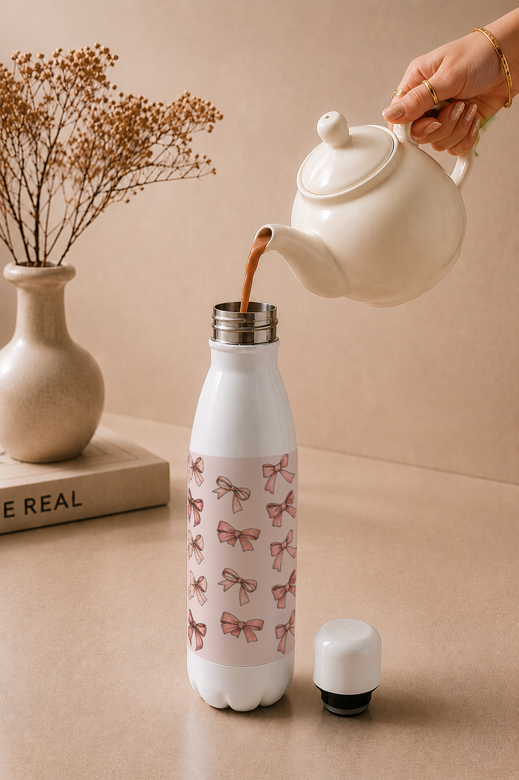 Aarkeo Double Walled Stainless Steel Water Bottle 550ml | Blush Ribbon Luxe Print | Insulated Leakproof Hot & Cold Bottle for Office, Gym & Travel 1219 Avenue
