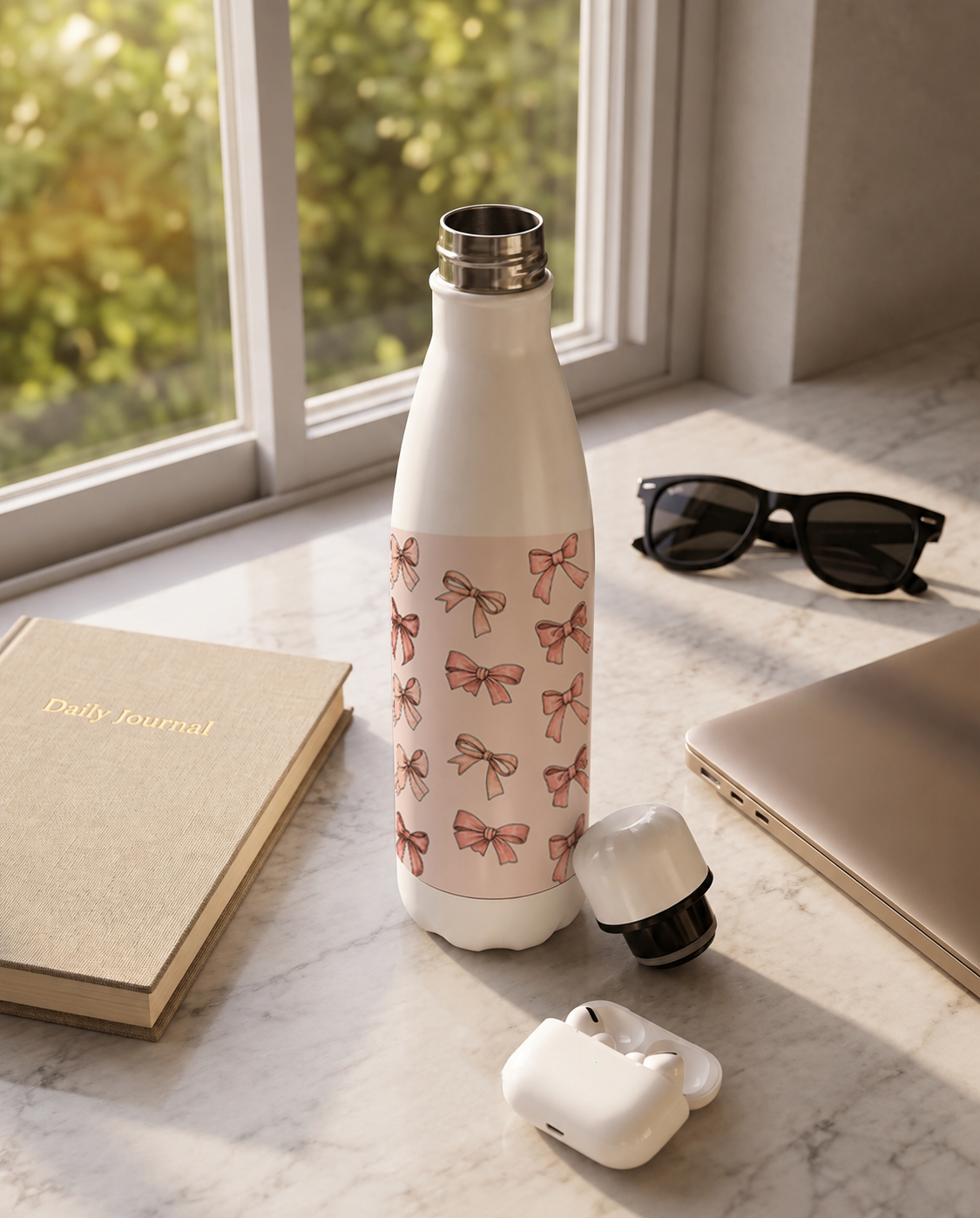 Aarkeo Double Walled Stainless Steel Water Bottle 550ml | Blush Ribbon Luxe Print | Insulated Leakproof Hot & Cold Bottle for Office, Gym & Travel 1219 Avenue