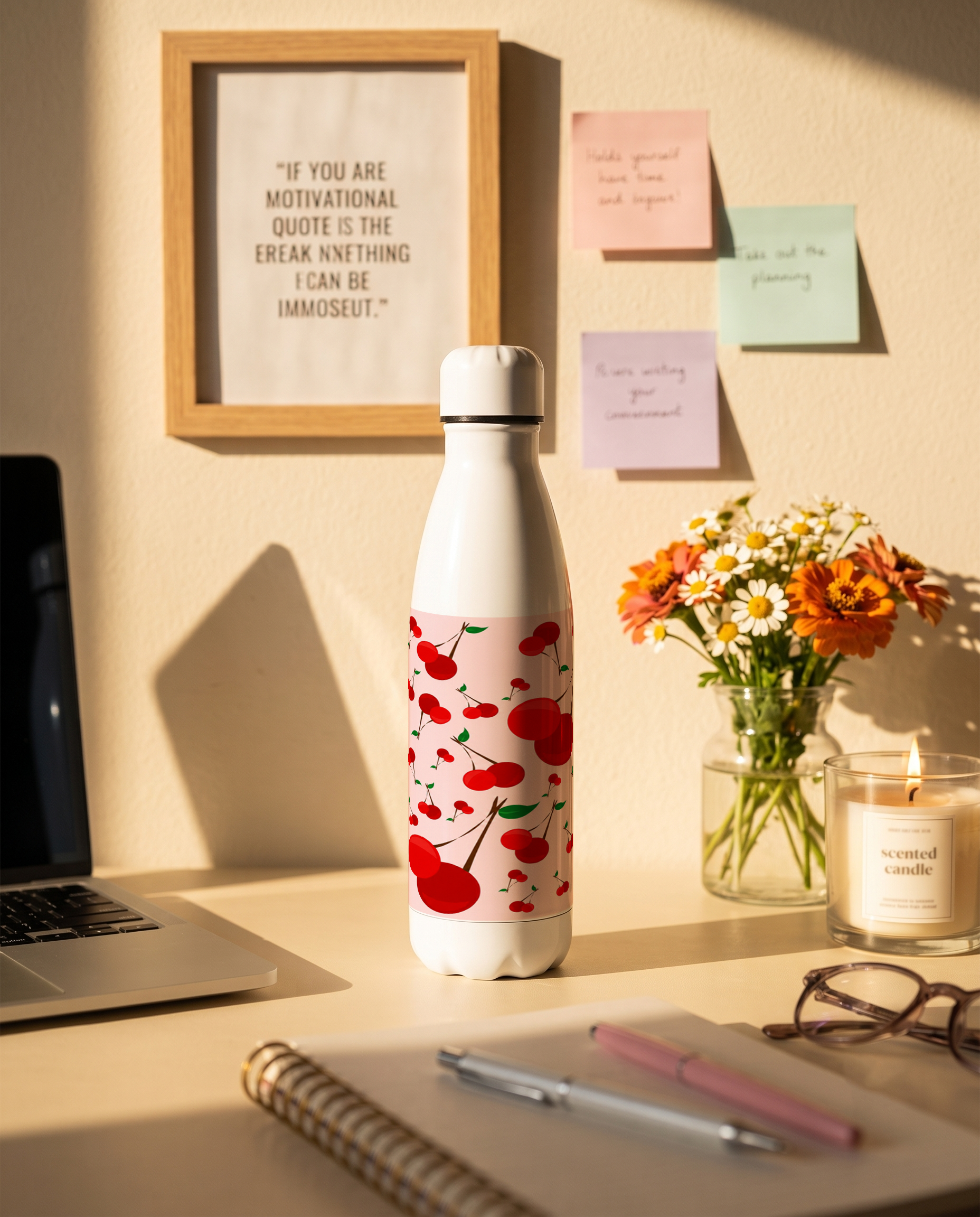 Aarkeo Double Walled Stainless Steel Water Bottle 550ml | Cherry Cottage Print | Insulated Leakproof Hot & Cold Bottle for Office, Gym & Travel 1219 Avenue