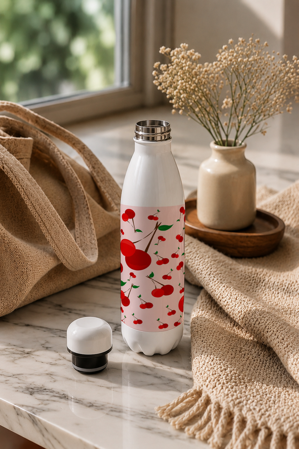 Aarkeo Double Walled Stainless Steel Water Bottle 550ml | Cherry Orchard Dreams Print | Insulated Leakproof Hot & Cold Bottle for Office, Gym & Travel 1219 Avenue