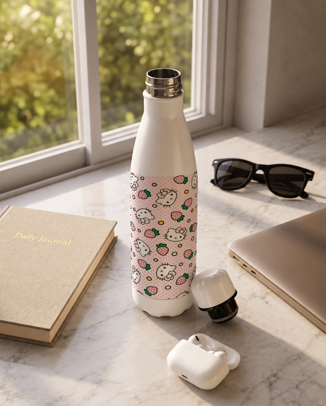 Aarkeo Double Walled Stainless Steel Water Bottle 550ml | Hello Kitty Strawberry Seamless Print | Insulated Leakproof Hot & Cold Bottle for Office, Gym & Travel 1219 Avenue