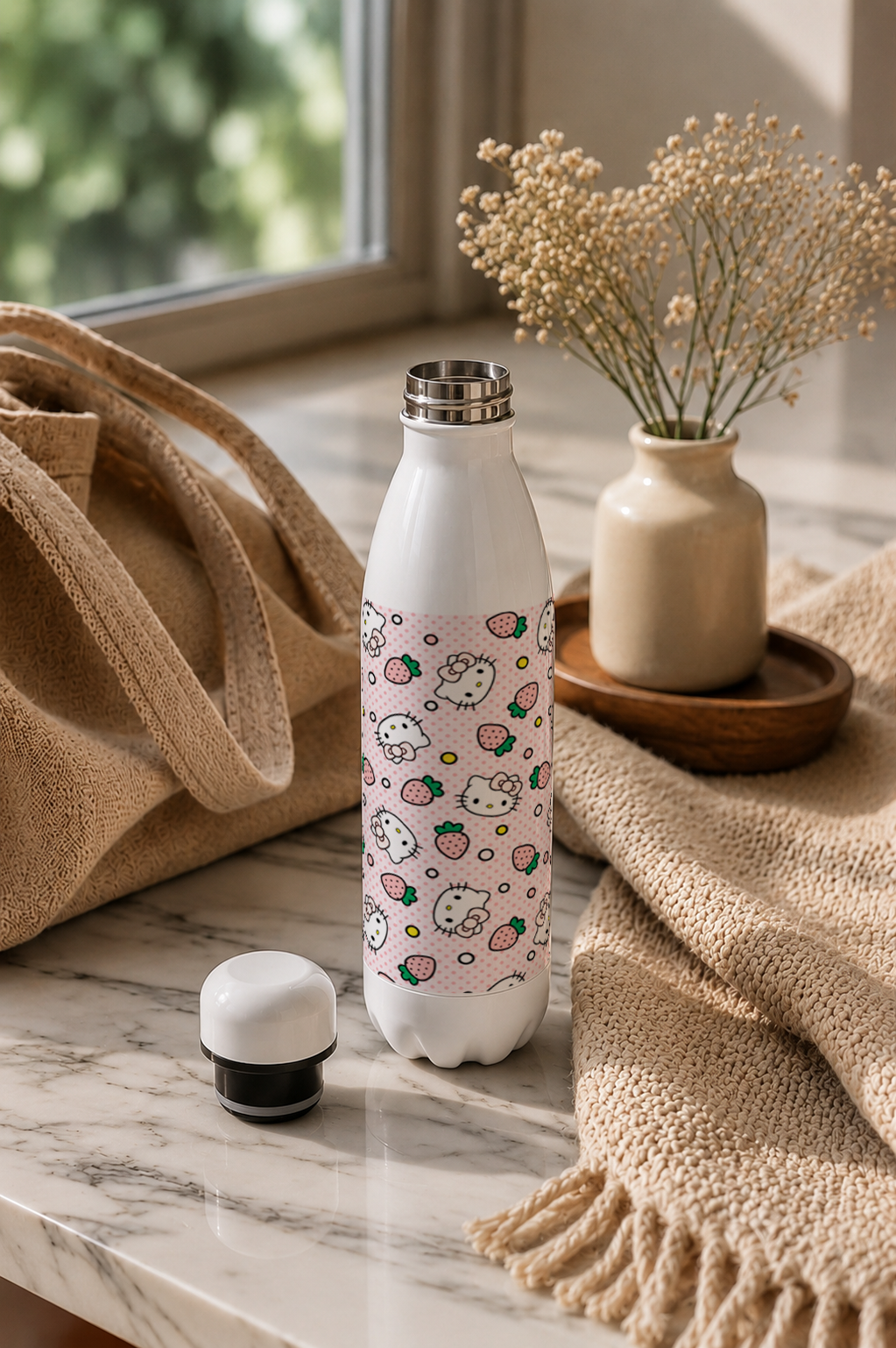 Aarkeo Double Walled Stainless Steel Water Bottle 550ml | Hello Kitty Strawberry Seamless Print | Insulated Leakproof Hot & Cold Bottle for Office, Gym & Travel 1219 Avenue