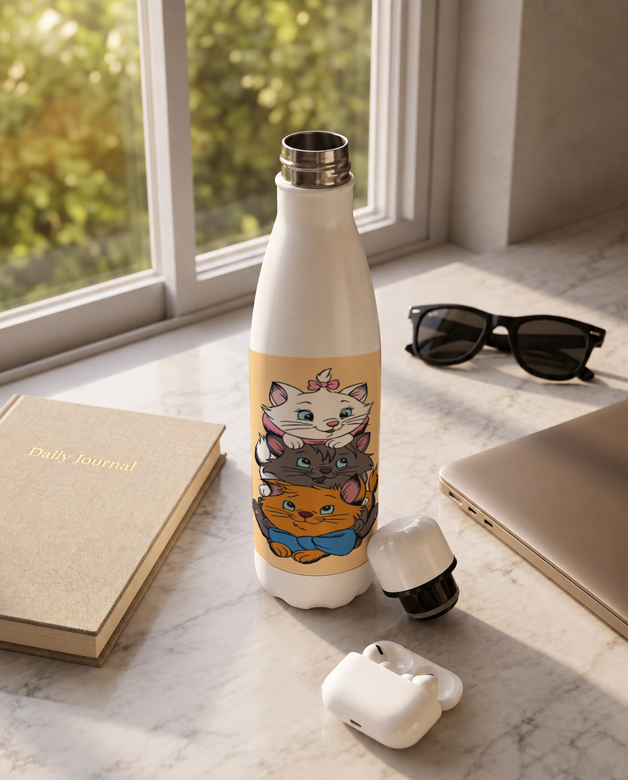 Aarkeo Double Walled Stainless Steel Water Bottle 550ml | Little Purr Family Print | Insulated Leakproof Hot & Cold Bottle for Office, Gym & Travel