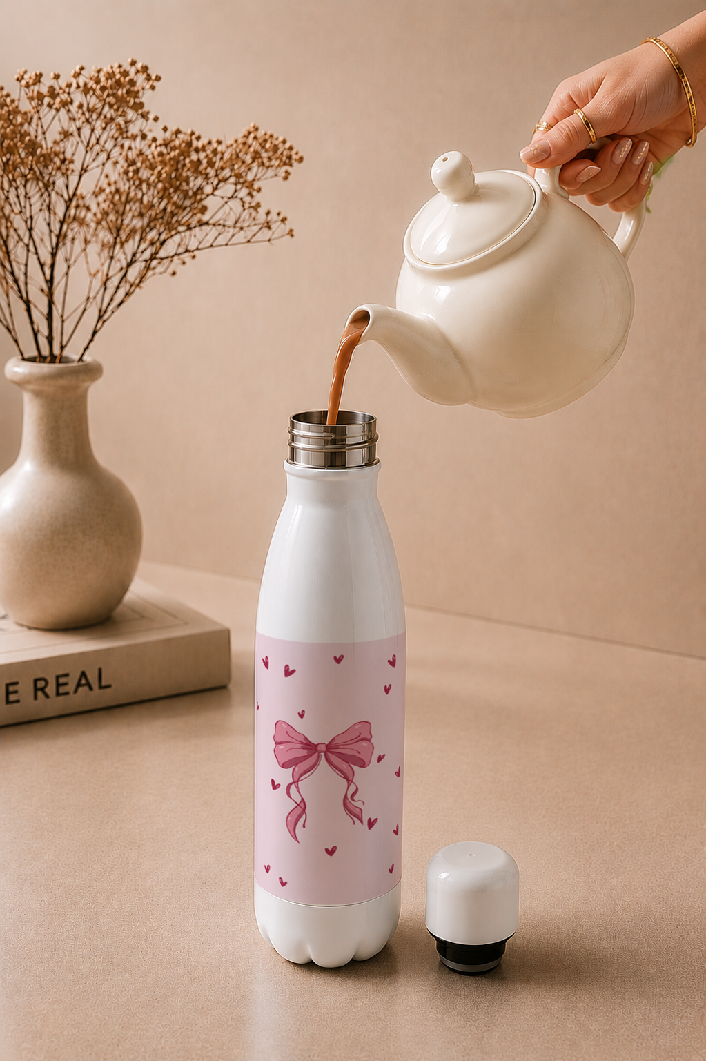 Aarkeo Double Walled Stainless Steel Water Bottle 550ml | Lovely Ribbon Charm Print | Insulated Leakproof Hot & Cold Bottle for Office, Gym & Travel 1219 Avenue