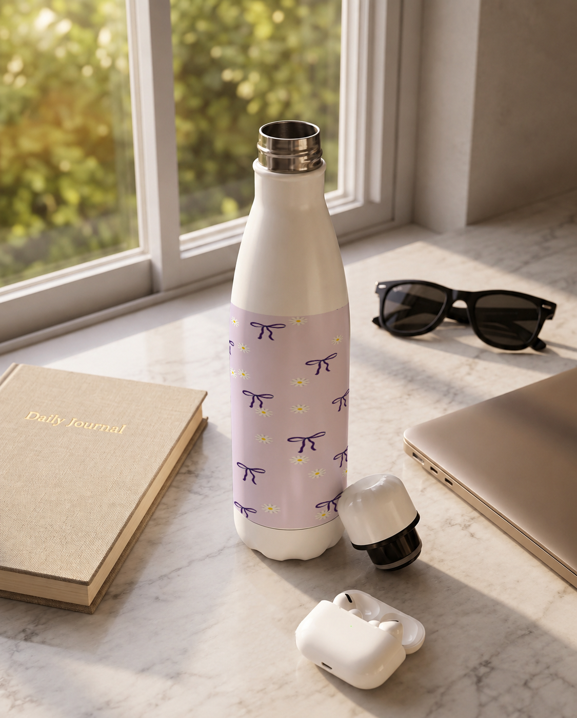 Aarkeo Double Walled Stainless Steel Water Bottle 550ml | Pastel Daisy Delight Print | Insulated Leakproof Hot & Cold Bottle for Office, Gym & Travel 1219 Avenue