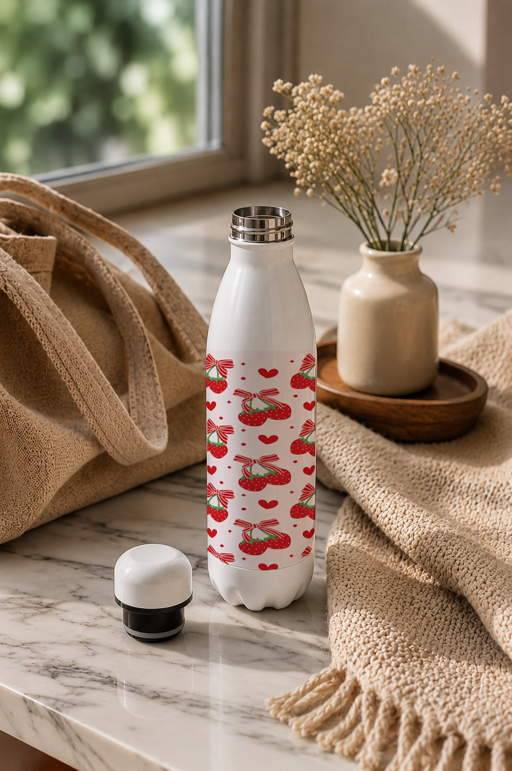 Aarkeo Double Walled Stainless Steel Water Bottle 550ml | Strawberry Sweetheart Print | Insulated Leakproof Hot & Cold Bottle for Office, Gym & Travel 1219 Avenue
