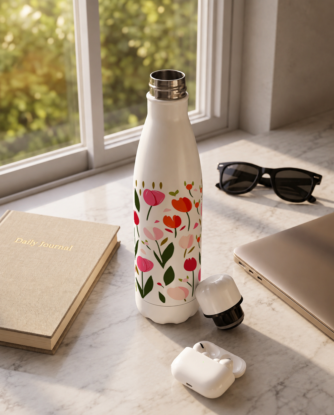 Aarkeo Double Walled Stainless Steel Water Bottle 550ml | Tulip Garden Bliss Print | Insulated Leakproof Hot & Cold Bottle for Office, Gym & Travel 1219 Avenue