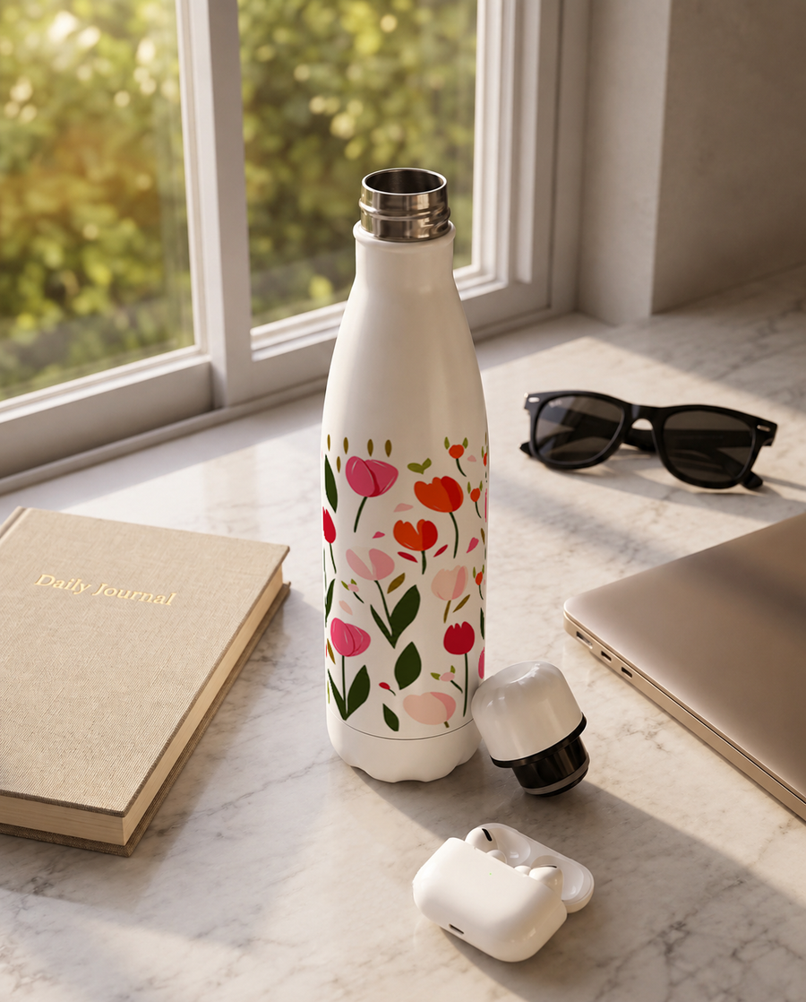 Aarkeo Double Walled Stainless Steel Water Bottle 550ml | Tulip Garden Bliss Print | Insulated Leakproof Hot & Cold Bottle for Office, Gym & Travel