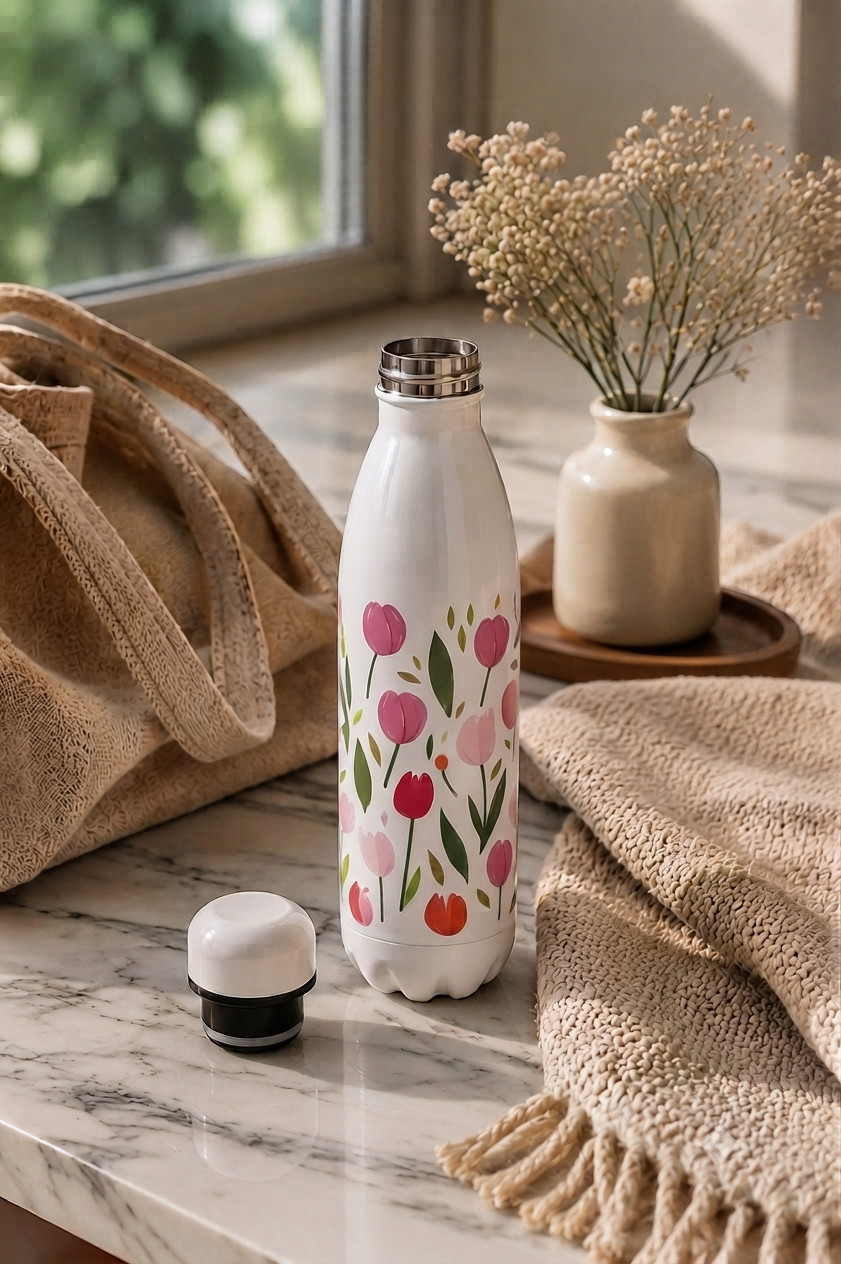 Aarkeo Double Walled Stainless Steel Water Bottle 550ml | Tulip Garden Bliss Print | Insulated Leakproof Hot & Cold Bottle for Office, Gym & Travel 1219 Avenue