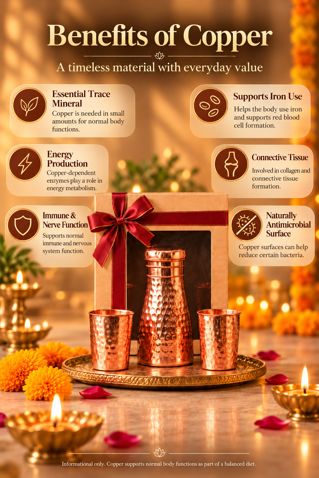Aarunya Copper Gift Set | 99% Pure Copper Water Bottle 950ml with 2 Hammered Copper Glasses | Premium 3 in 1 Copper Drinkware | Luxury Diwali Gift Set 1219 Avenue