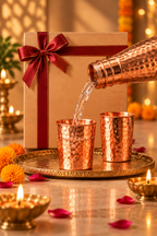 Aarunya Copper Gift Set | 99% Pure Copper Water Bottle 950ml with 2 Hammered Copper Glasses | Premium 3 in 1 Copper Drinkware | Luxury Diwali Gift Set 1219 Avenue