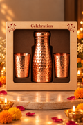 Aarunya Copper Gift Set | 99% Pure Copper Water Bottle 950ml with 2 Hammered Copper Glasses | Premium 3 in 1 Copper Drinkware | Luxury Diwali Gift Set 1219 Avenue