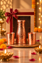 Aarunya Copper Gift Set | 99% Pure Copper Water Bottle 950ml with 2 Hammered Copper Glasses | Premium 3 in 1 Copper Drinkware | Luxury Diwali Gift Set 1219 Avenue