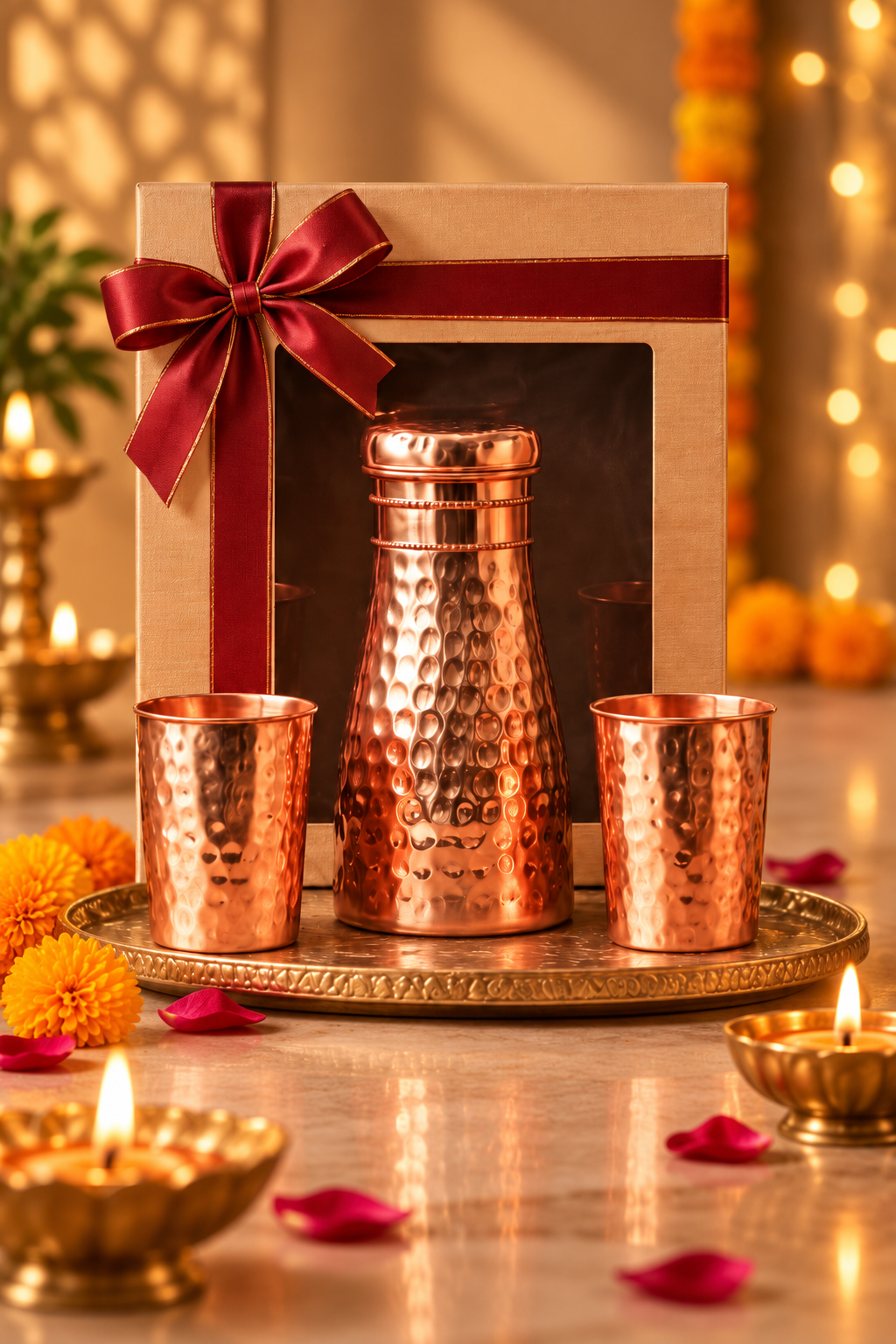 Aarunya Copper Gift Set | 99% Pure Copper Water Bottle 950ml with 2 Hammered Copper Glasses | Premium 3 in 1 Copper Drinkware | Luxury Diwali Gift Set 1219 Avenue