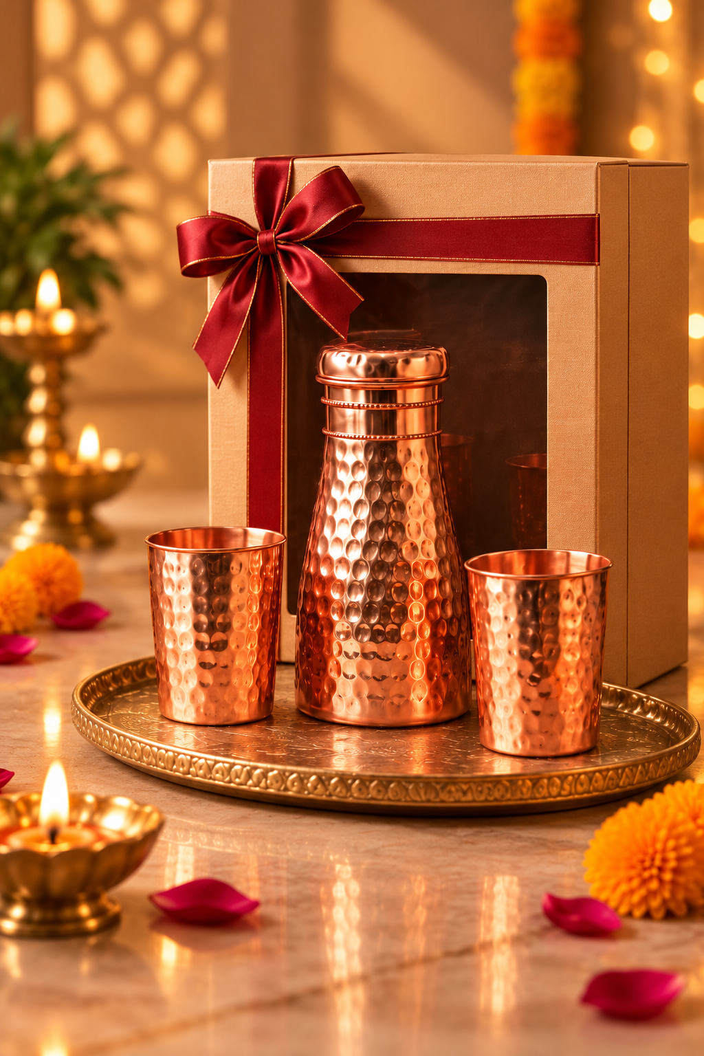 Aarunya Copper Gift Set | 99% Pure Copper Water Bottle 950ml with 2 Hammered Copper Glasses | Premium 3 in 1 Copper Drinkware | Luxury Diwali Gift Set 1219 Avenue