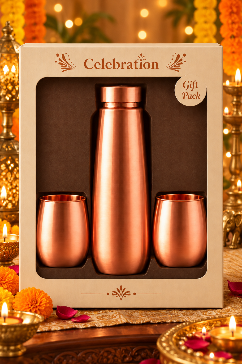 Aavran Copper Bottle 3 in 1 Diwali Gift Set | 99% Pure Copper Water Bottle 1000ml with 2 Copper Glasses 1219 Avenue