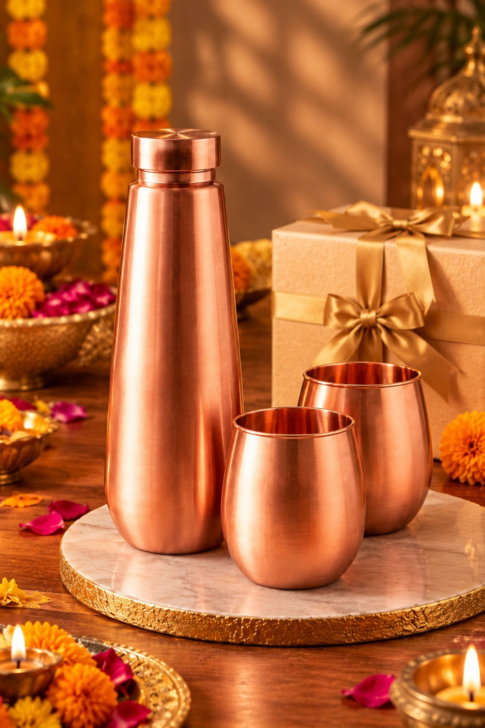 Aavran Copper Bottle 3 in 1 Diwali Gift Set | 99%  Copper Water Bottle 1000ml with 2 Copper Glasses