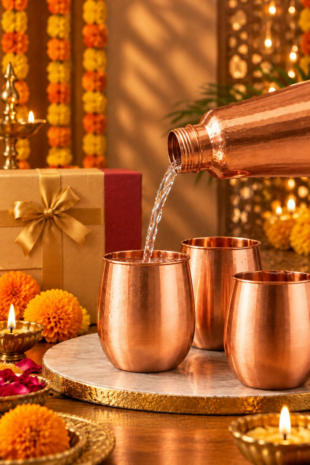 Aavran Copper Bottle 3 in 1 Diwali Gift Set | 99% Pure Copper Water Bottle 1000ml with 2 Copper Glasses 1219 Avenue