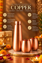 Aavran Copper Bottle 3 in 1 Diwali Gift Set | 99% Pure Copper Water Bottle 1000ml with 2 Copper Glasses 1219 Avenue