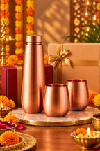 Aavran Copper Bottle 3 in 1 Diwali Gift Set | 99% Pure Copper Water Bottle 1000ml with 2 Copper Glasses 1219 Avenue