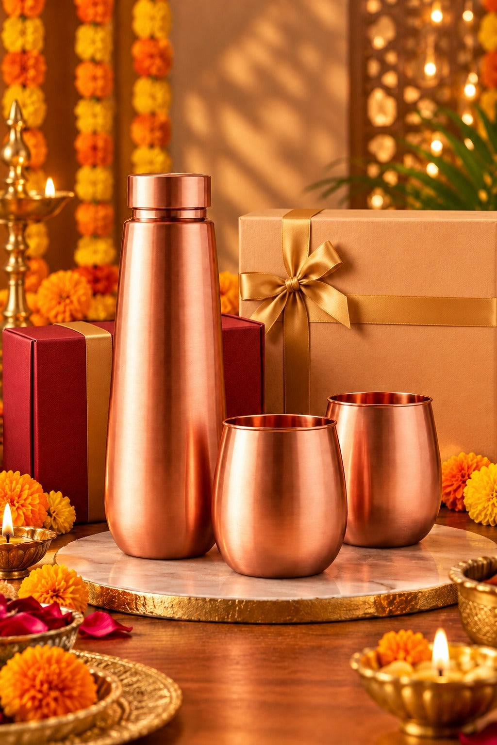 Aavran Copper Bottle 3 in 1 Diwali Gift Set | 99% Pure Copper Water Bottle 1000ml with 2 Copper Glasses 1219 Avenue