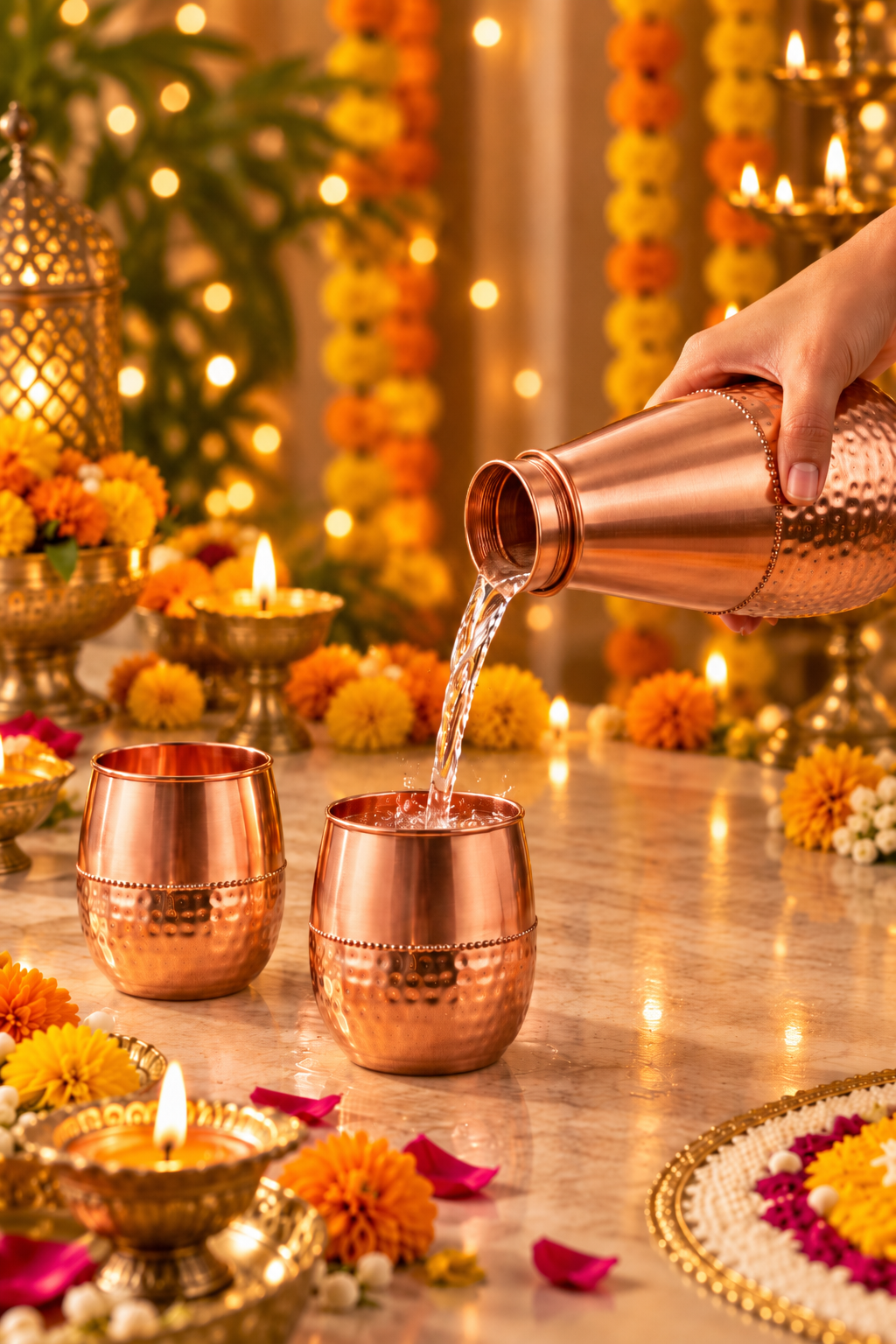 Artisan Trio Copper Set | 99% Pure Copper Water Bottle 750ml with 2 Copper Glasses | Leakproof | Premium Diwali Gift Set 1219 Avenue