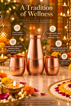 Artisan Trio Copper Set | 99% Pure Copper Water Bottle 750ml with 2 Copper Glasses | Leakproof | Premium Diwali Gift Set 1219 Avenue