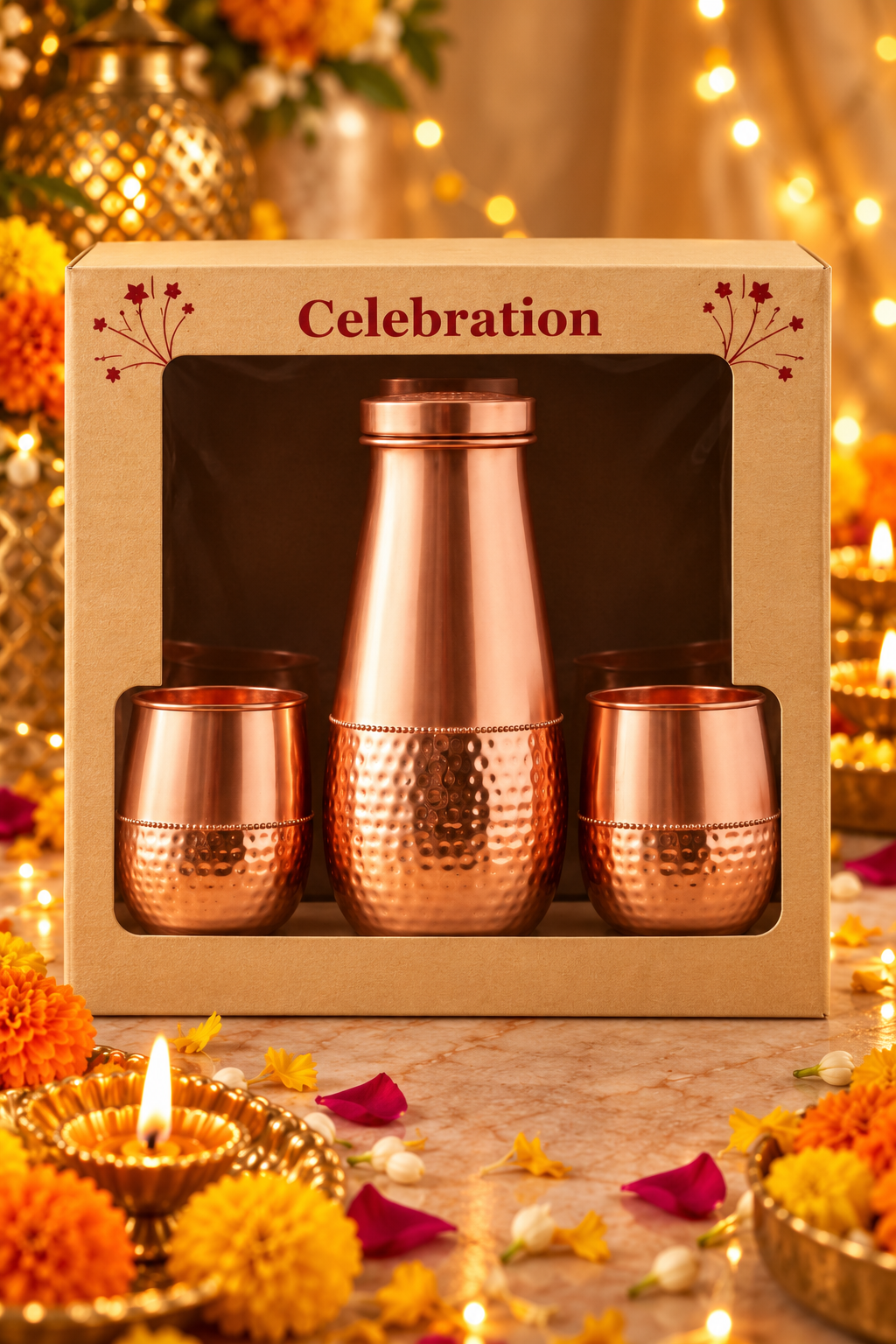 Artisan Trio Copper Set | 99% Pure Copper Water Bottle 750ml with 2 Copper Glasses | Leakproof | Premium Diwali Gift Set 1219 Avenue