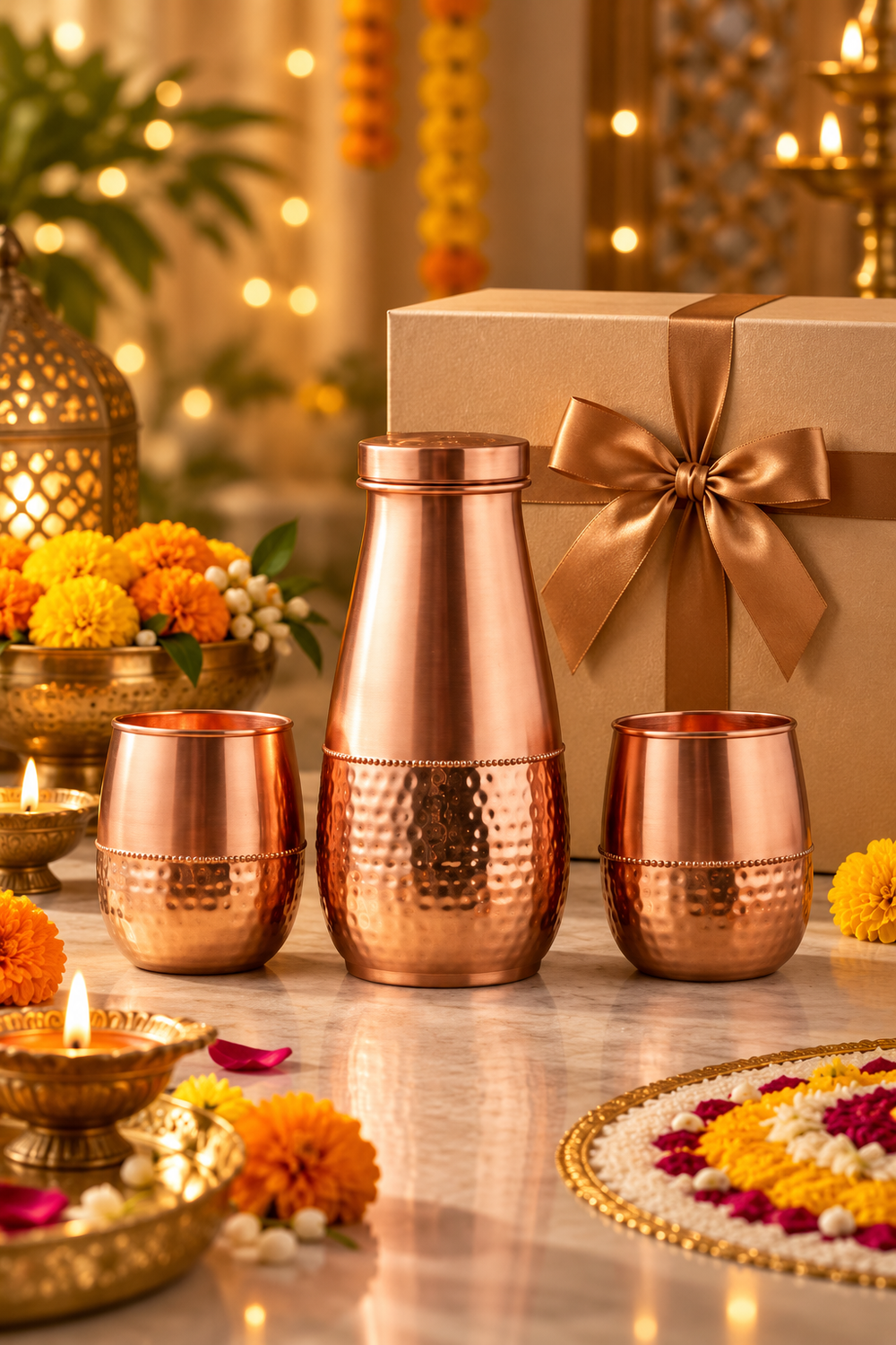 Artisan Trio Copper Set | 99% Copper Water Bottle 750ml with 2 Copper Glasses