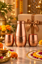 Artisan Trio Copper Set | 99% Pure Copper Water Bottle 750ml with 2 Copper Glasses | Leakproof | Premium Diwali Gift Set 1219 Avenue