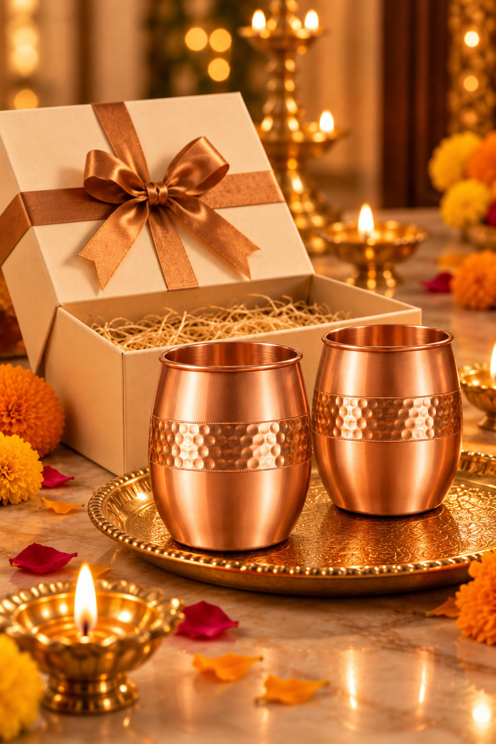 Aurum Duo Copper Glass Gift Set | 99% Pure Copper Glasses | Premium Hammered Copper Drinkware | Luxury Diwali Gift Set 1219 Avenue