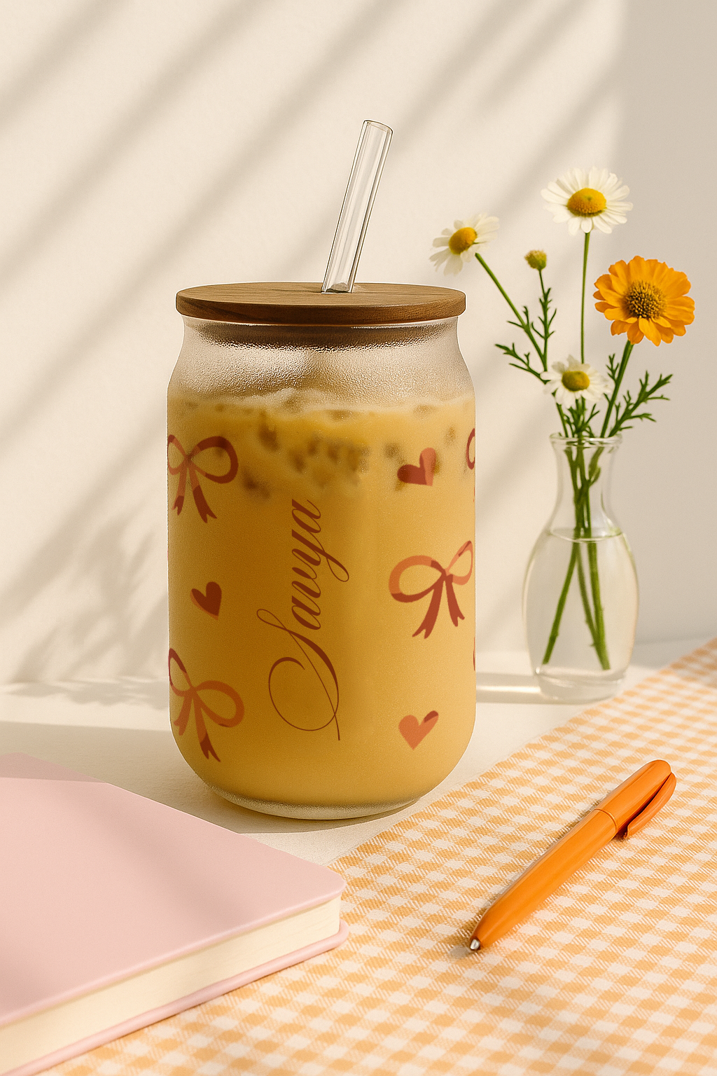 Personalized Bowtique Frosted Glass Can Sipper 500ml – Coffee Tumbler with Straw & Lid