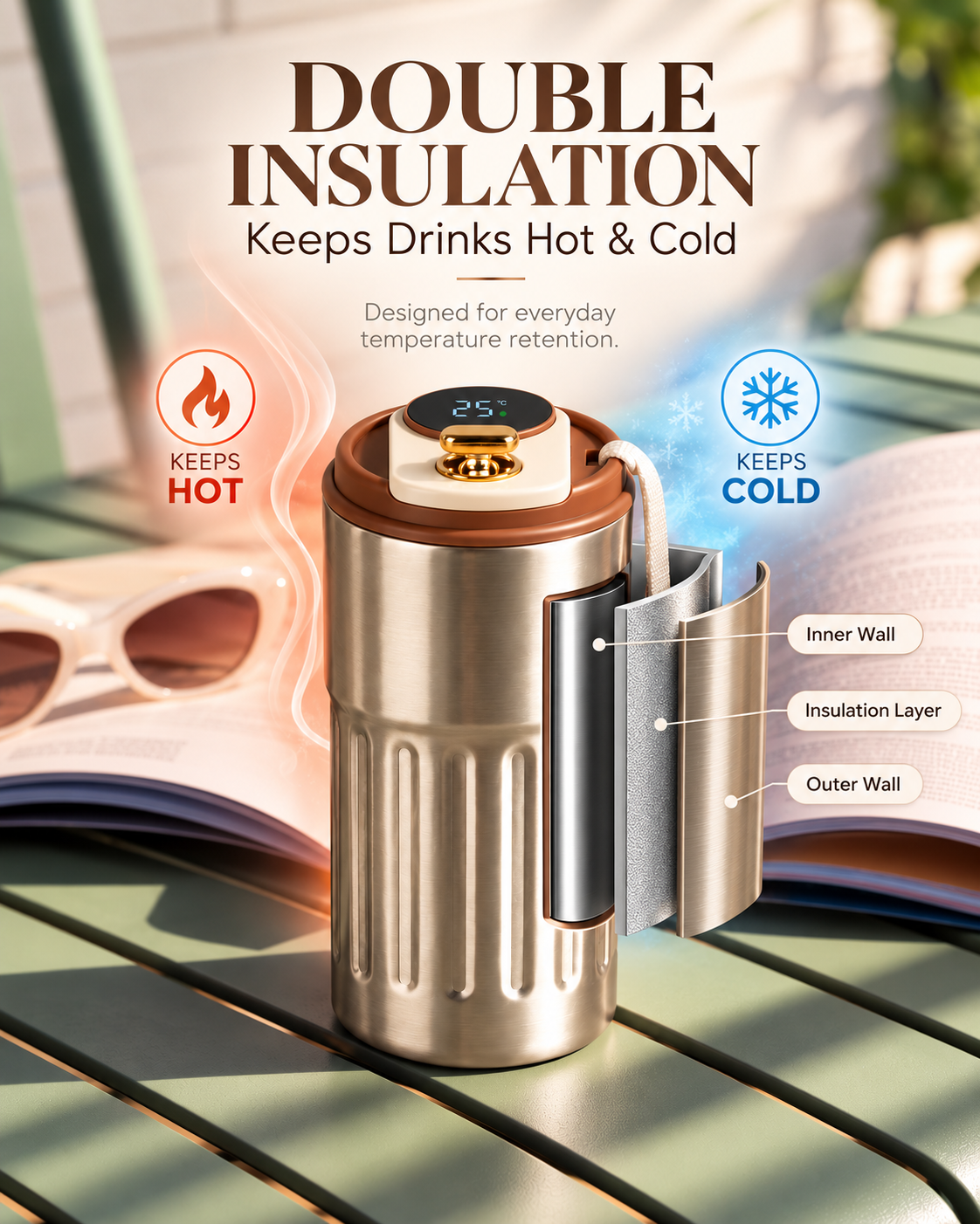 Caffé Muse Temperature Display Coffee Flask 500ml | Double Wall Insulated Hot & Cold Flask 1219 Avenue