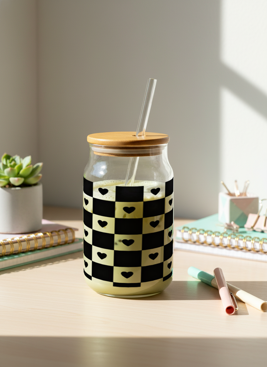 Can Shaped Sipper 500ml| Bold Heart Matrix Print | 18oz Can Tumbler with lid, straw 1219 Avenue India