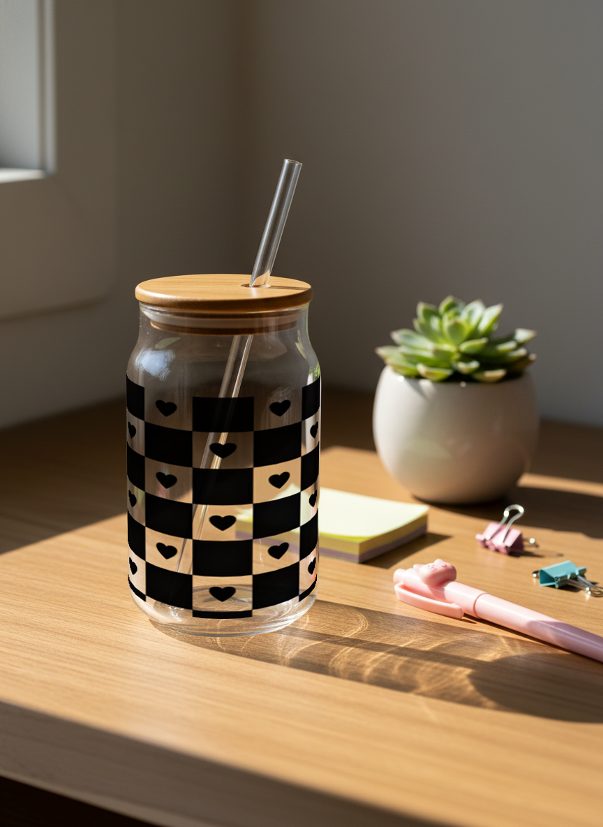 Can Shaped Sipper 500ml| Bold Heart Matrix Print | 18oz Can Tumbler with lid, straw 1219 Avenue India