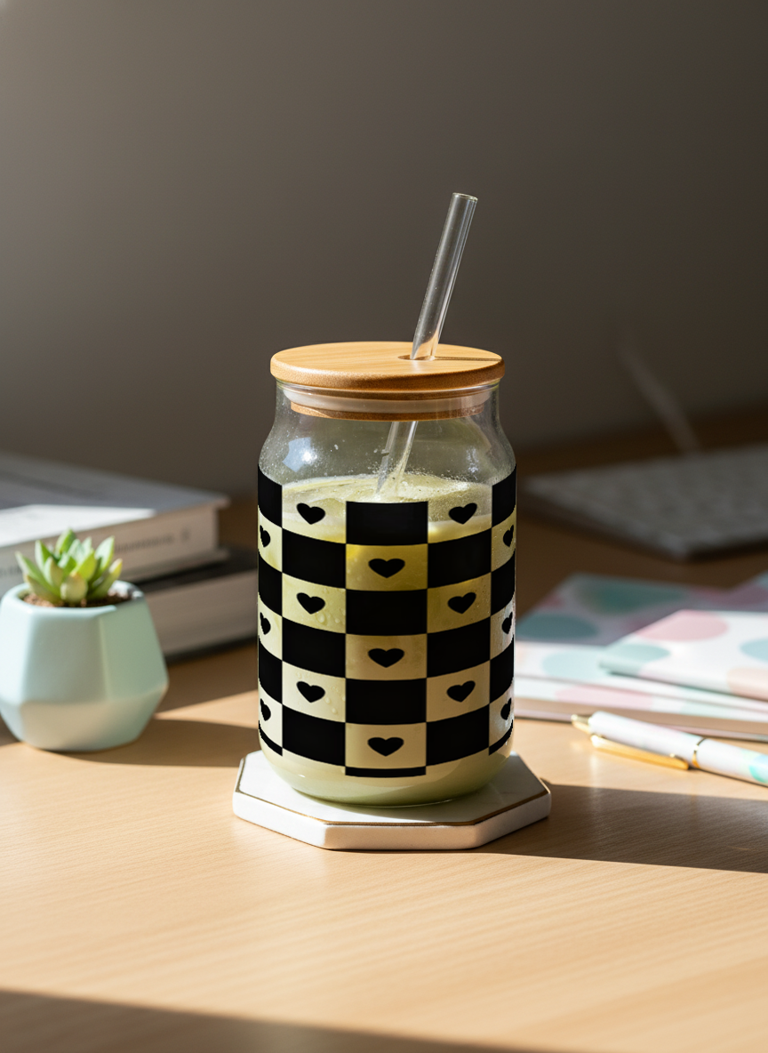 Can Shaped Sipper 500ml| Bold Heart Matrix Print | 18oz Can Tumbler with lid, straw 1219 Avenue India