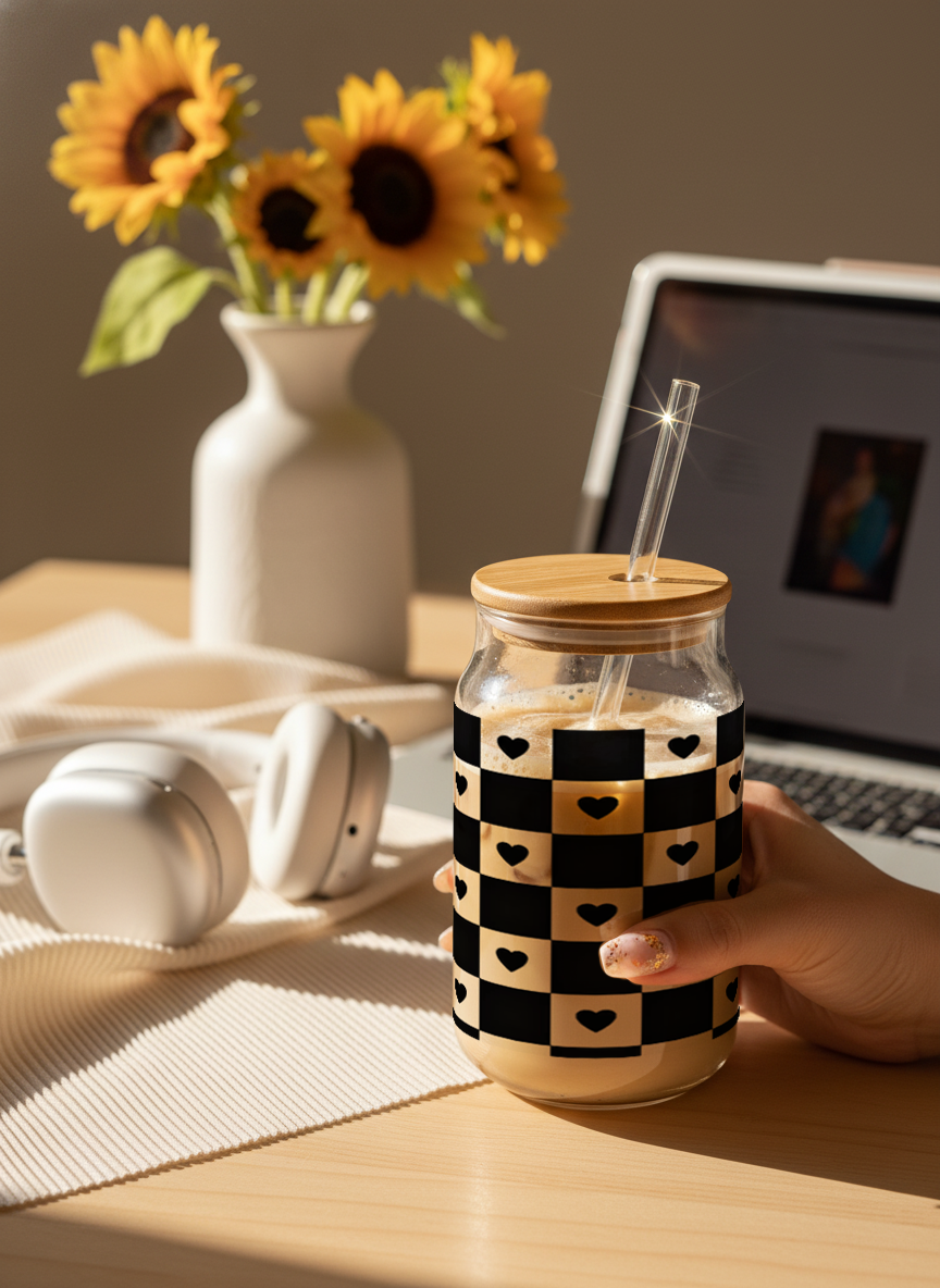 Can Shaped Sipper 500ml| Bold Heart Matrix Print | 18oz Can Tumbler with lid, straw 1219 Avenue India