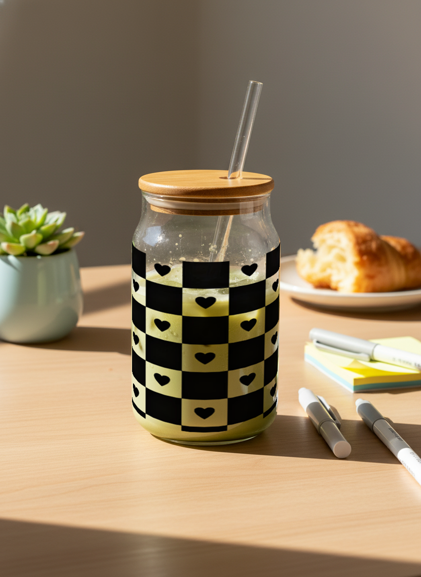 Can Shaped Sipper 500ml| Bold Heart Matrix Print | 18oz Can Tumbler with lid, straw 1219 Avenue India