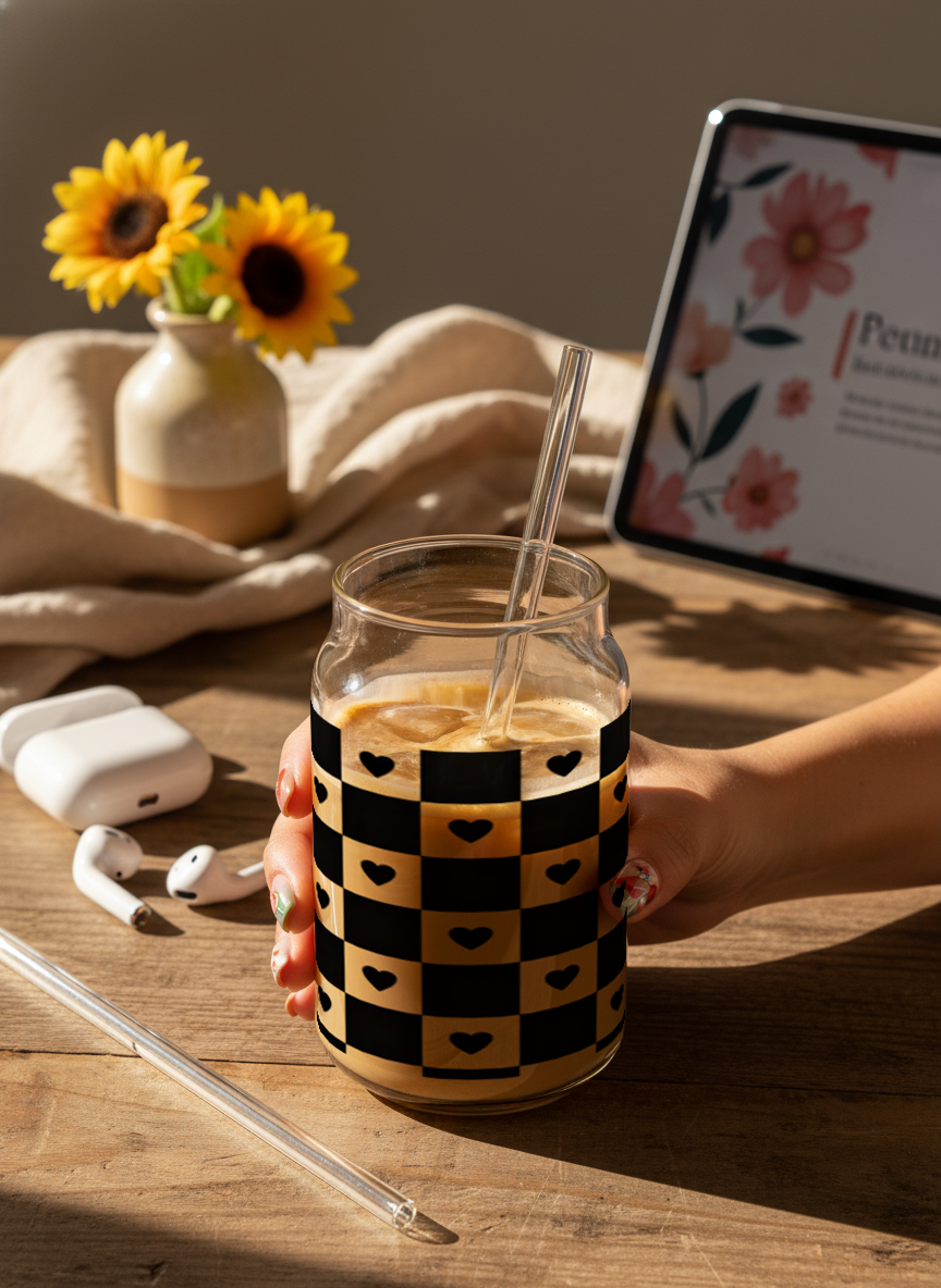 Can Shaped Sipper 500ml| Bold Heart Matrix Print | 18oz Can Tumbler with lid, straw 1219 Avenue India