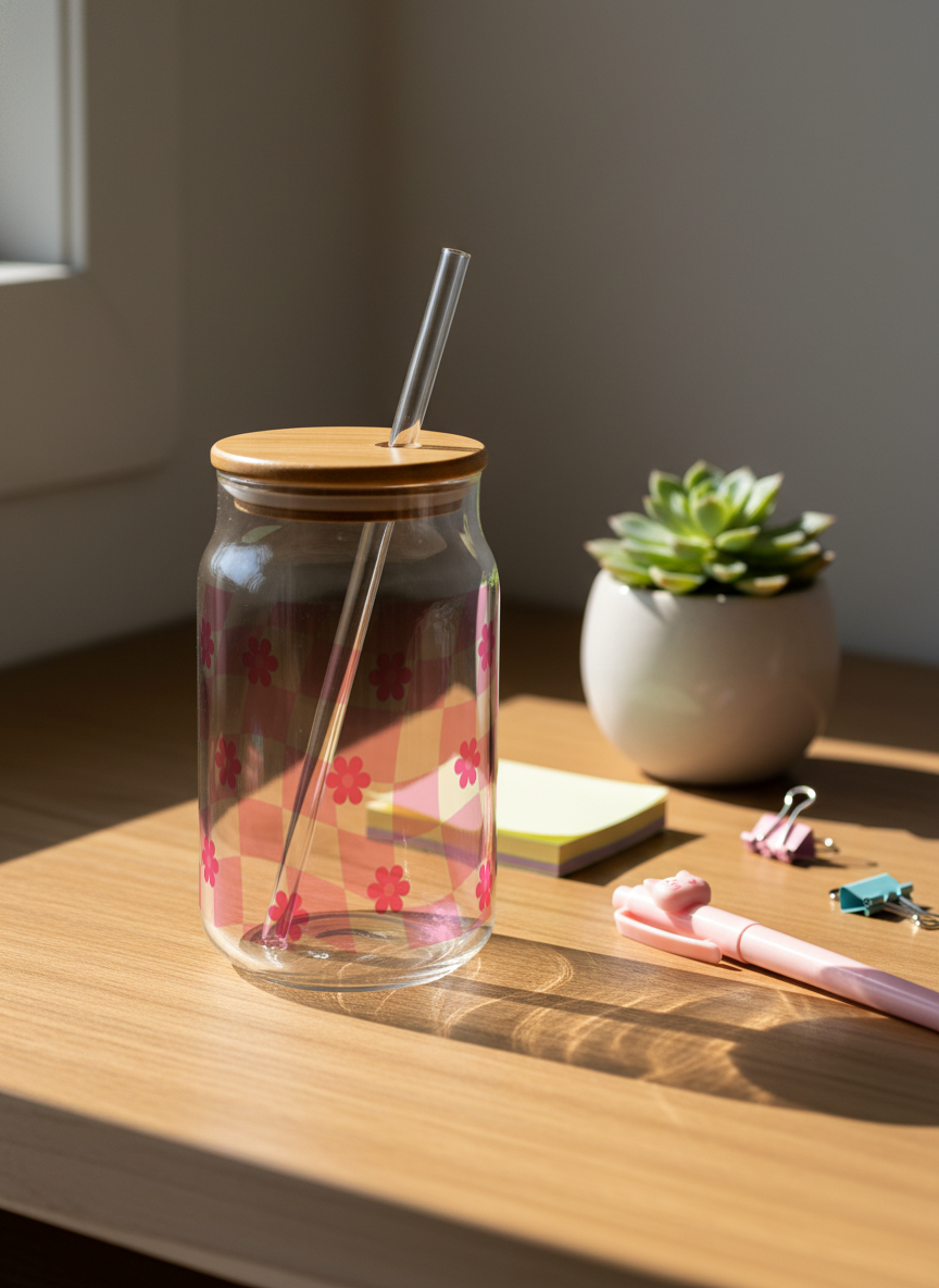 Can Shaped Sipper 500ml| Floral Gingham Print | 18oz Can Tumbler with lid, straw 1219 Avenue