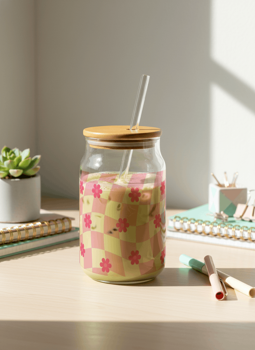 Can Shaped Sipper 500ml| Floral Gingham Print | 18oz Can Tumbler with lid, straw 1219 Avenue