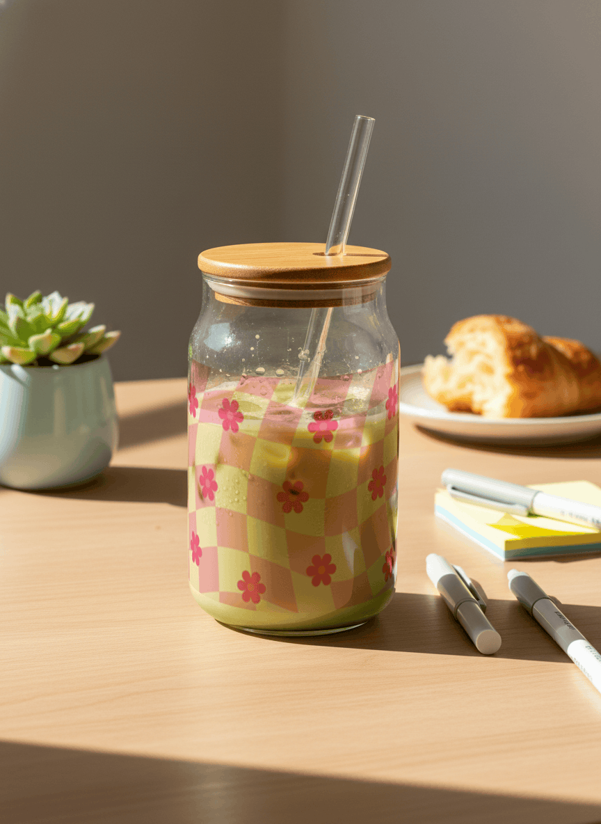Can Shaped Sipper 500ml| Floral Gingham Print | 18oz Can Tumbler with lid, straw 1219 Avenue
