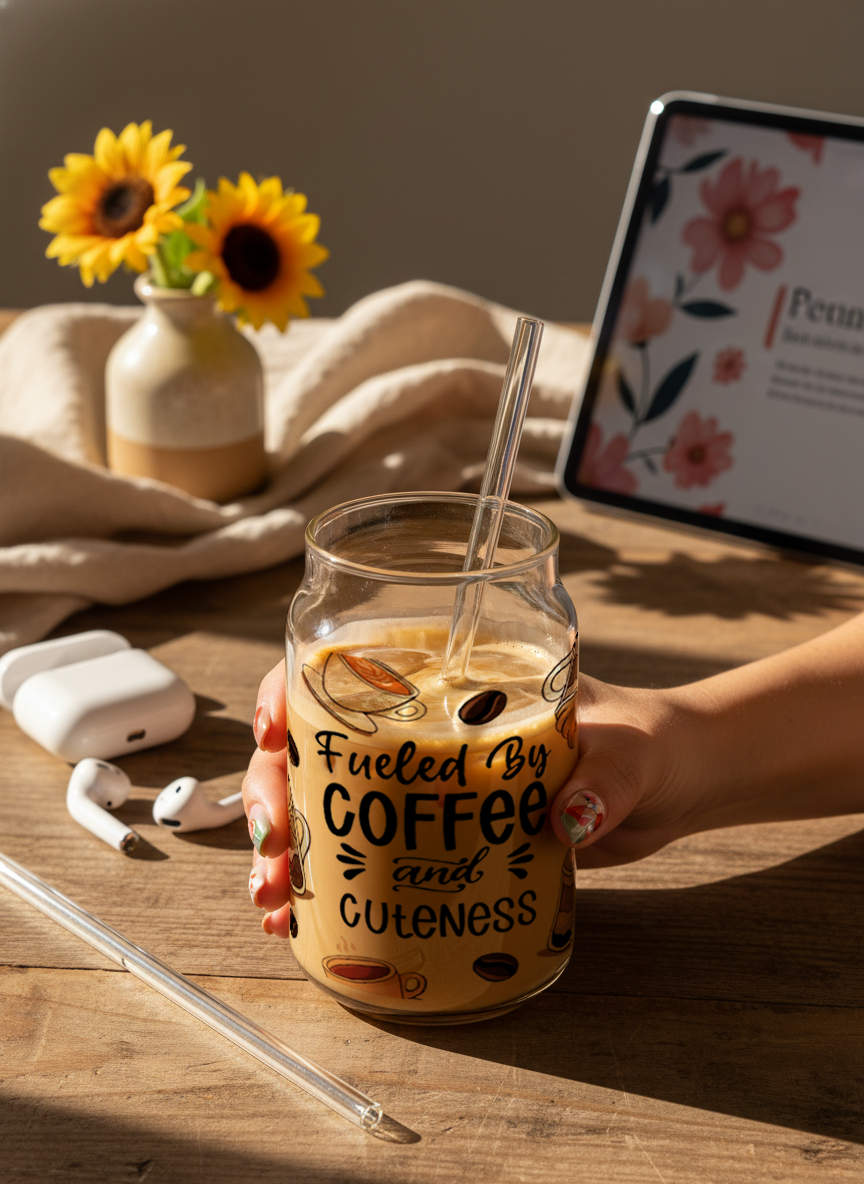 Can Shaped Sipper 500ml| Fueled by Coffee and Cuteness Print | 18oz Can Tumbler with lid and straw 1219 Avenue India