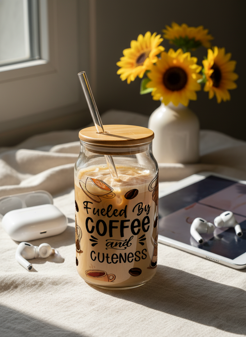 Can Shaped Sipper 500ml| Fueled by Coffee and Cuteness Print | 18oz Can Tumbler with lid and straw 1219 Avenue India